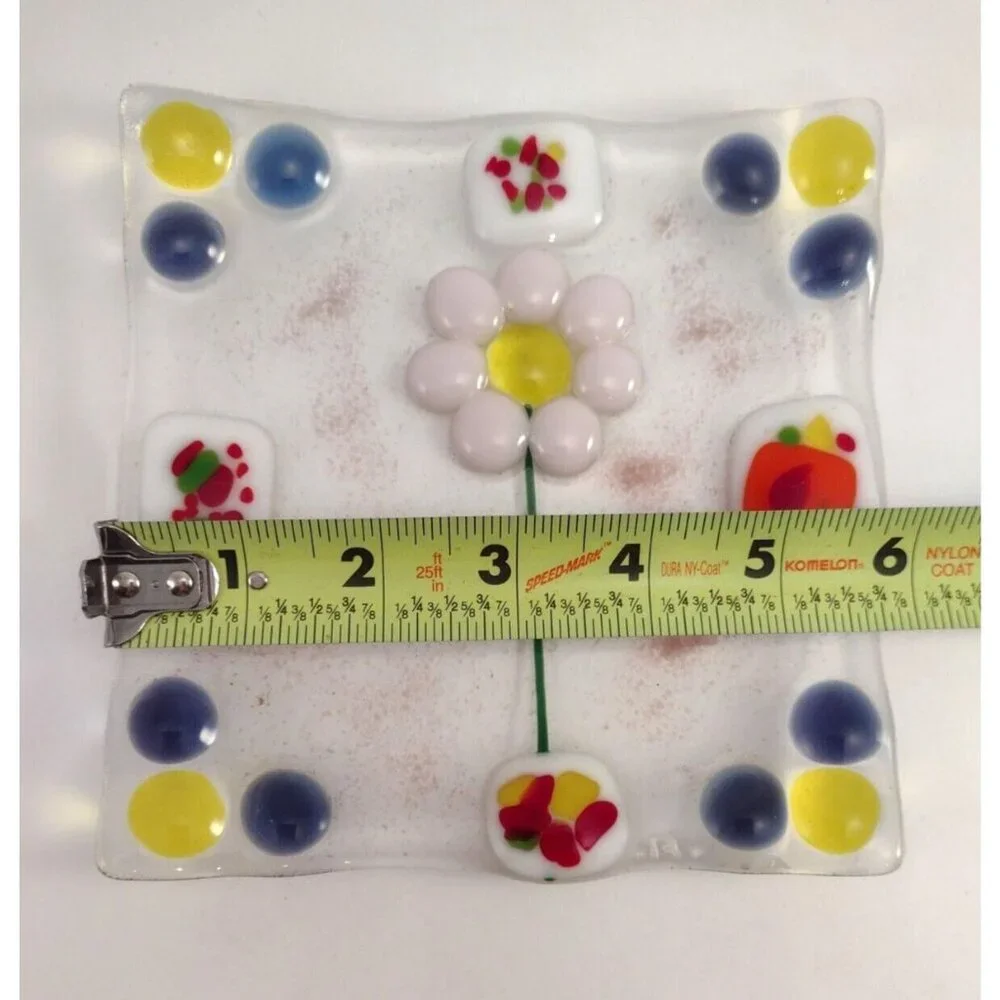 Murano Style Fused Art Glass Trinket Dish Tray Flower Jewelry Square 6